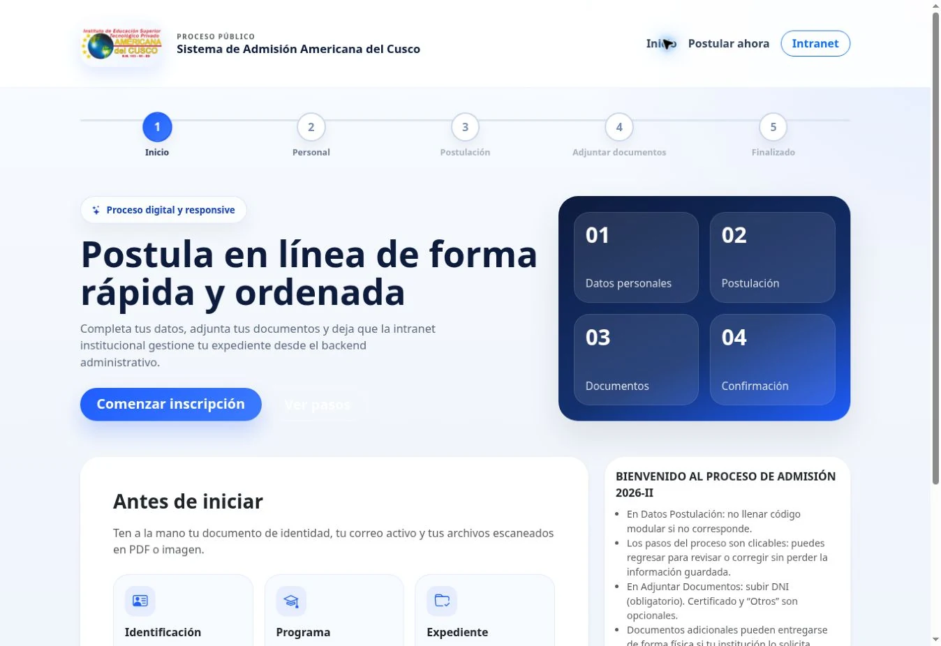 Página pública de Americana del Cusco · Sistema de admisión